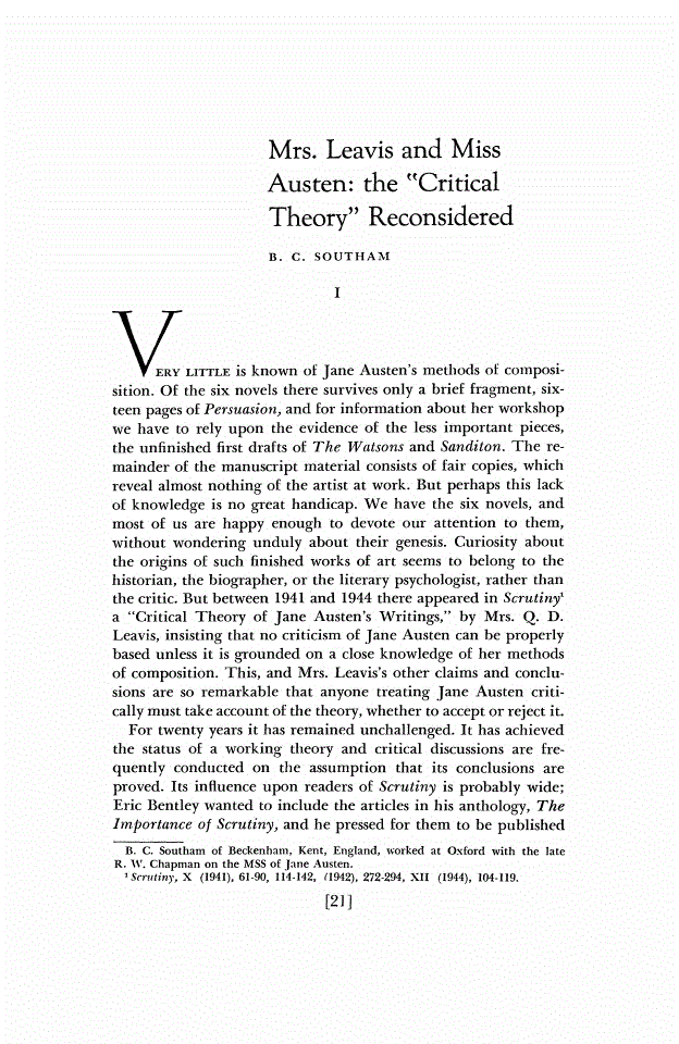 First page of Mrs. Leavis and Miss Austen: The "Critical Theory" Reconsidered