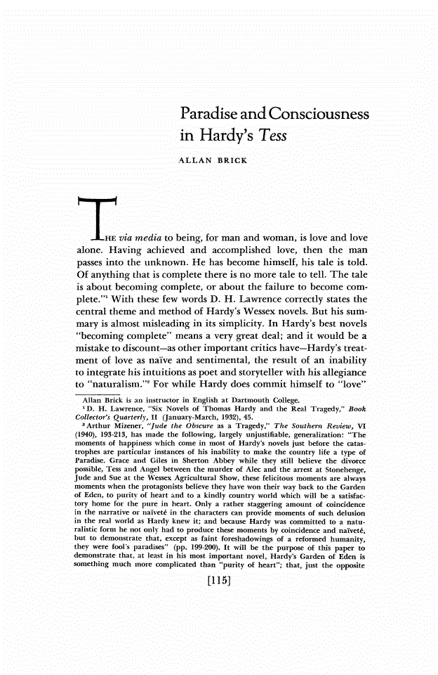 First page of Paradise and Consciousness in Hardy's Tess