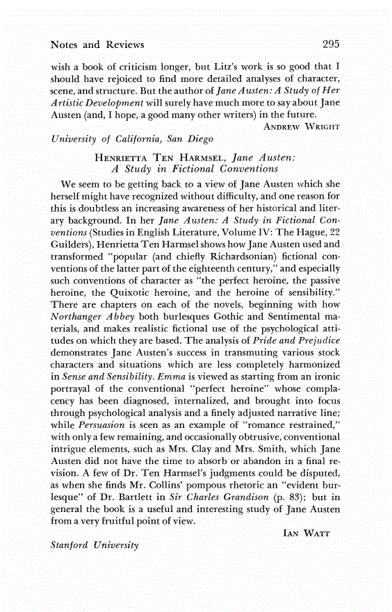 First page of Review: <italic>Jane Austen: A Study in Fictional Conventions</italic>, by Henrietta Ten Harmsel