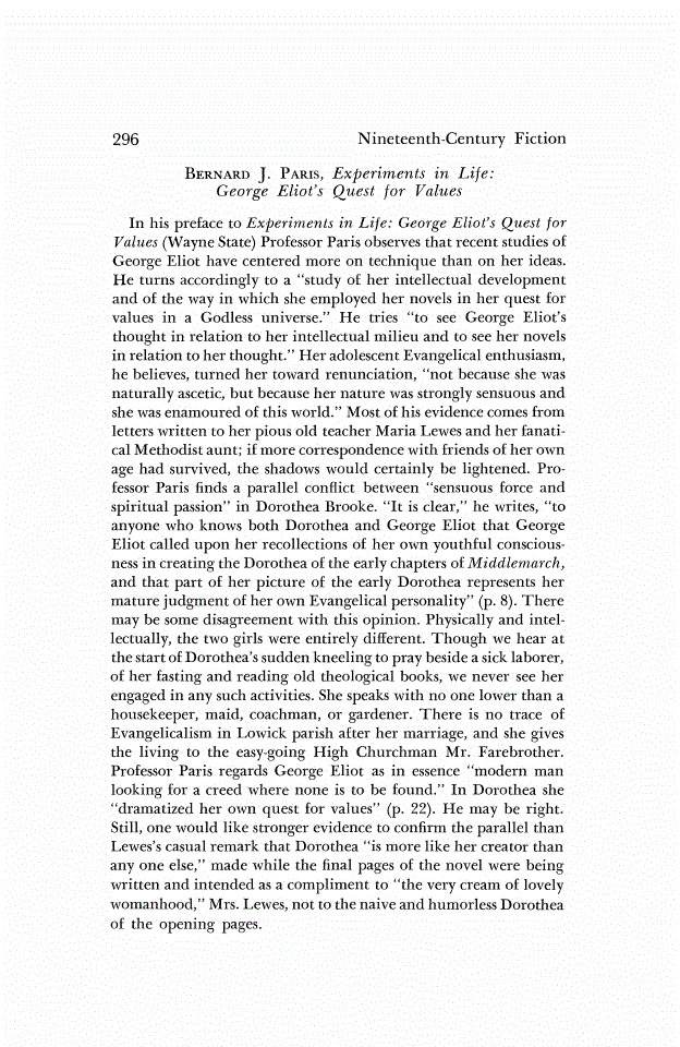 First page of Review: <italic>Experiments in Life: George Eliot's Quest for Values</italic>, by Bernard J. Paris