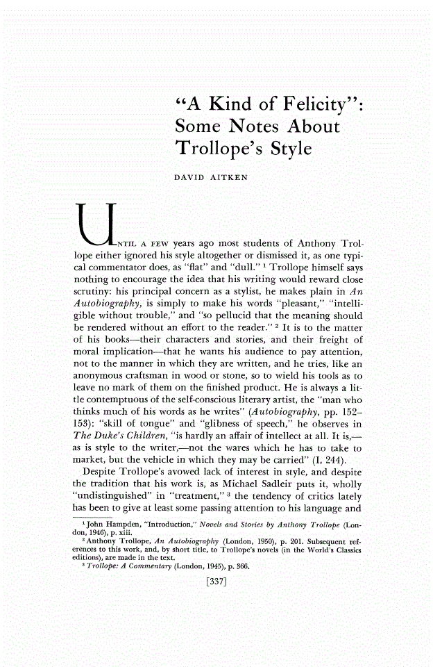 First page of "A Kind of Felicity": Some Notes About Trollope's Style