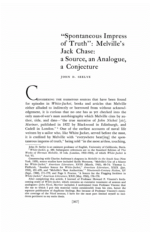 First page of "Spontaneous Impress of Truth": Melville's Jack Chase: A Source, an Analogue, a Conjecture