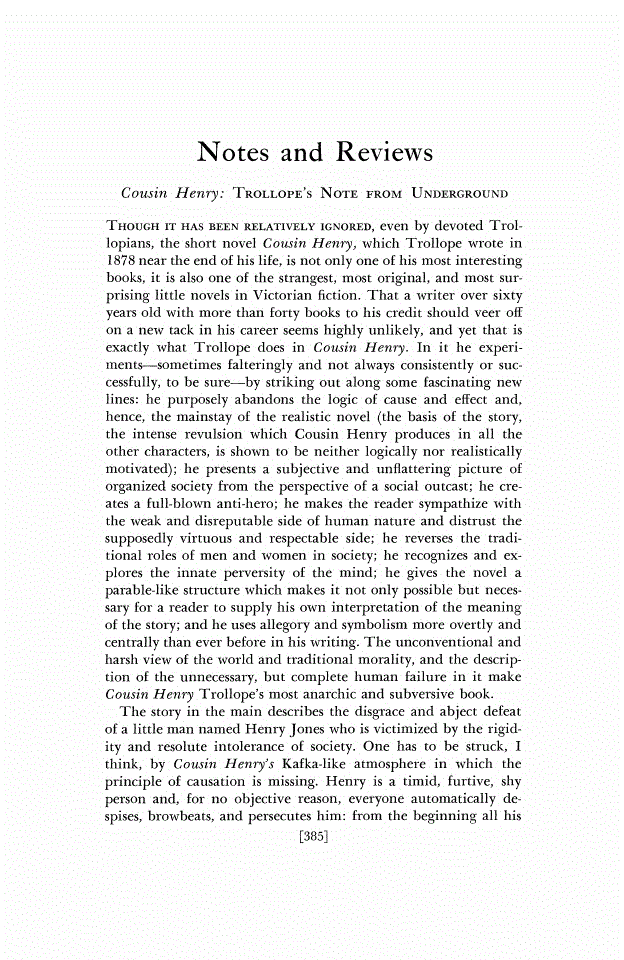 First page of Cousin Henry: Trollope's Note from Underground