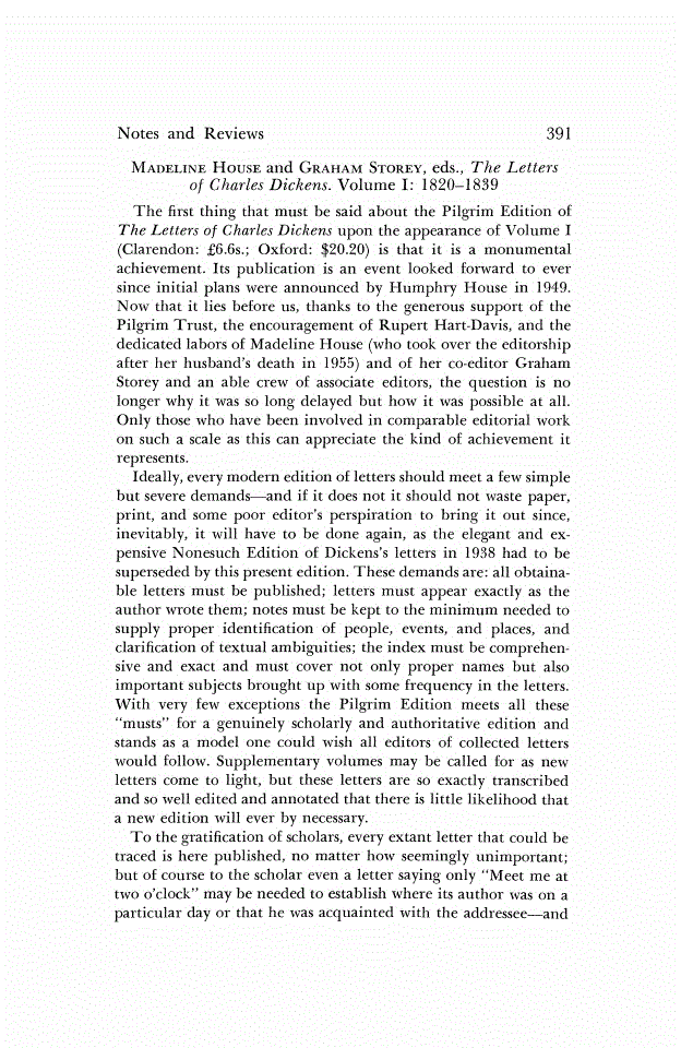 First page of Review: <italic>The Letters of Charles Dickens. Volume I: 1820-1839</italic>, by Madeline House and Graham Storey