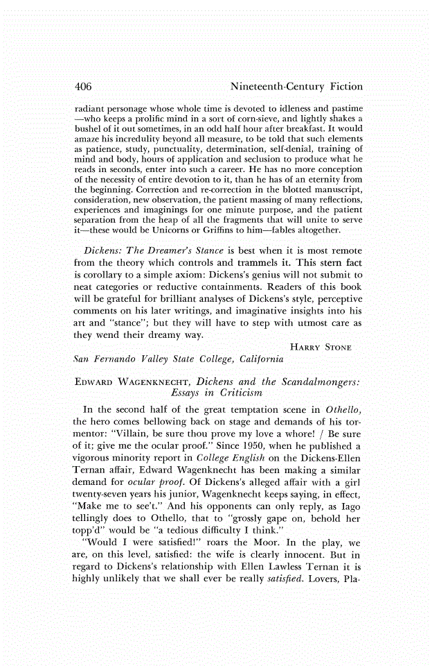 First page of Review: <italic>Dickens and the Scandalmongers: Essays in Criticism</italic>, by Edward Wagenknecht