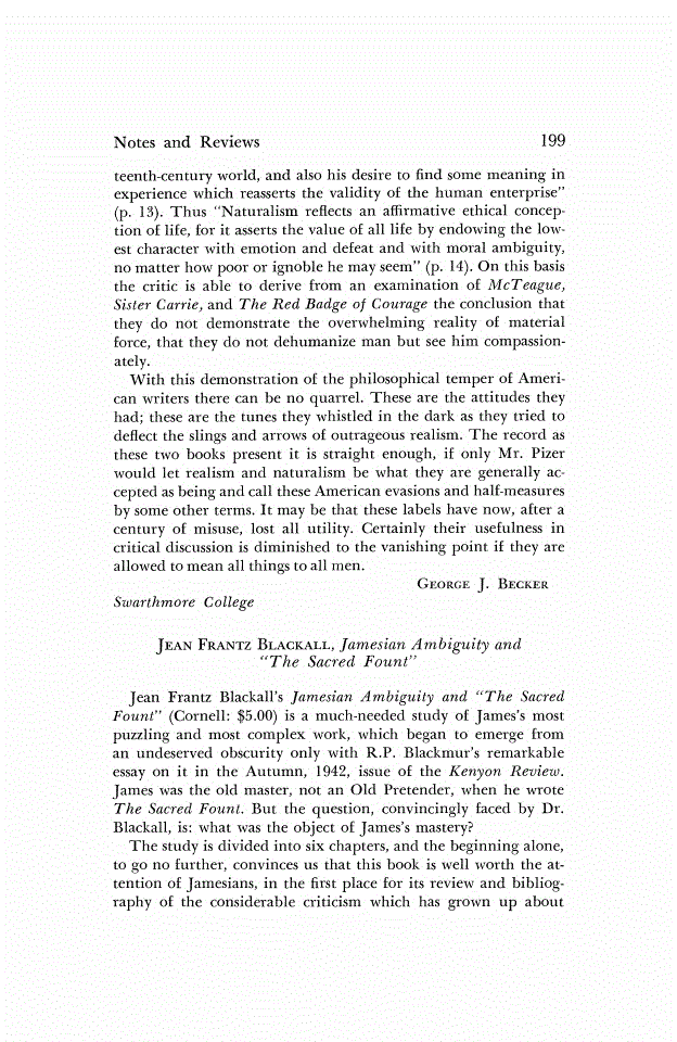 First page of Review: <italic>Jamesian Ambiguity and "The Sacred Fount"</italic>, by Jean Frantz Blackall