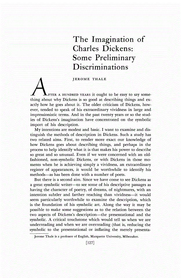 First page of The Imagination of Charles Dickens: Some Preliminary Discriminations