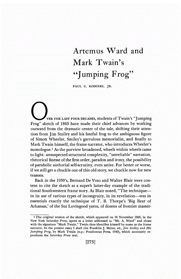 First page of Artemus Ward and Mark Twain's "Jumping Frog"