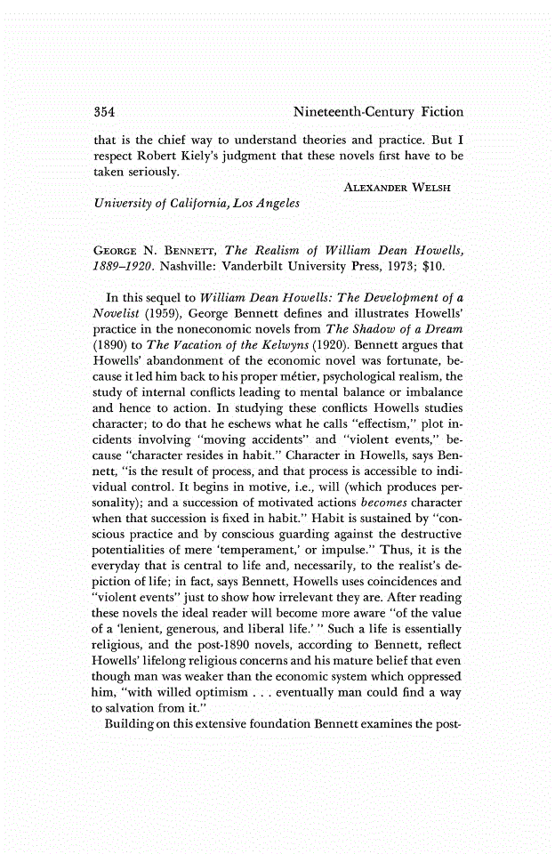 First page of Review: <italic>The Realism of William Dean Howells, 1889-1920.</italic>, by George N. Bennett
