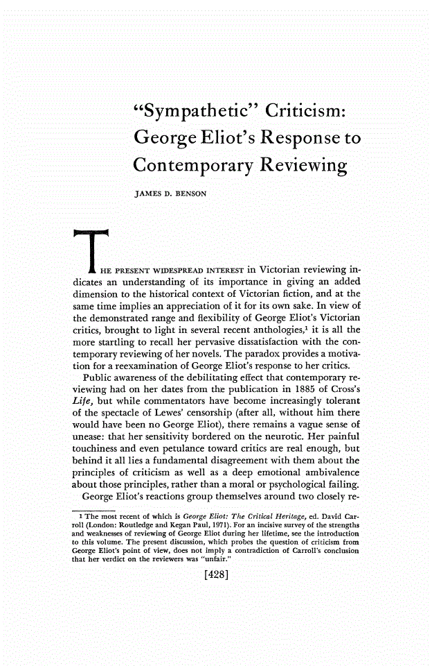 First page of "Sympathetic" Criticism: George Eliot's Response to Contemporary Reviewing