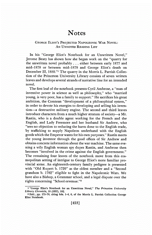 First page of George Eliot's Projected Napoleonic War Novel: An Unnoted Reading List