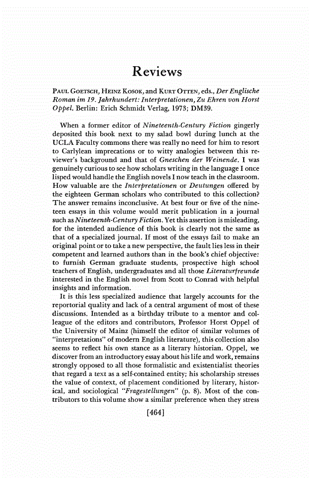 First page of Review: <italic>Der Englische Roman im 19. Jahrhundert: Interpretationen, Zu Ehren von Horst Oppel.</italic>, by Paul Goetsch, Heinz Kosok, and Kurt Otten