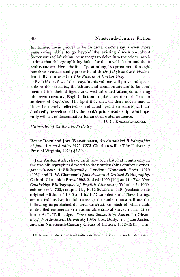 First page of Review: <italic>An Annotated Bibliography of Jane Austen Studies 1952-1972.</italic>, by Barry Roth and Joel Weinsheimer