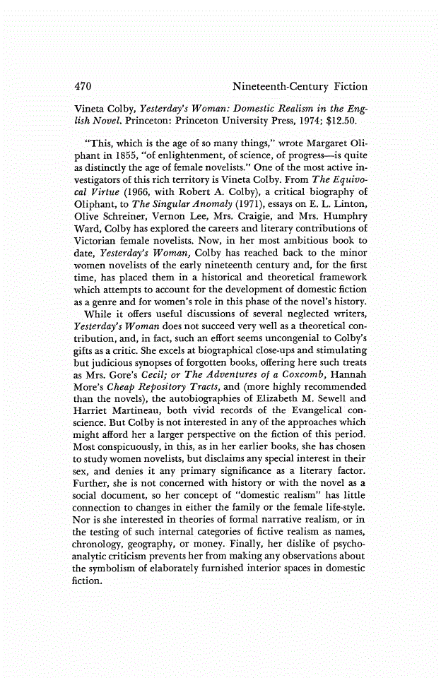 First page of Review: <italic>Yesterday's Woman: Domestic Realism in the English Novel.</italic>, by Vineta Colby