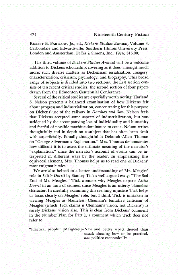 First page of Review: <italic>Dickens Studies Annual, Volume 3.</italic>, by Robert B. Partlow, Jr.