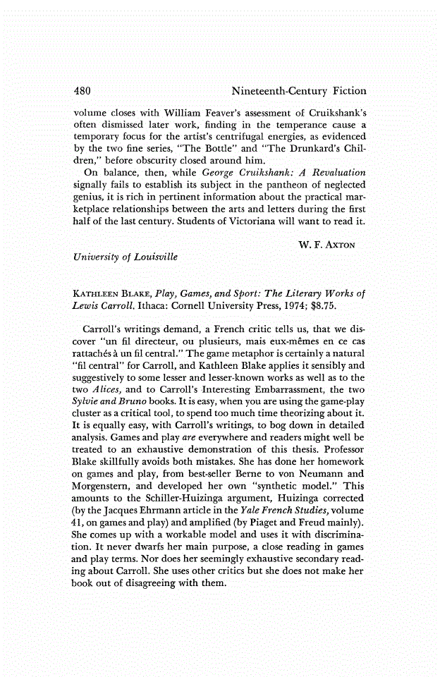 First page of Review: <italic>Play, Games, and Sport: The Literary Works of Lewis Carroll.</italic>, by Kathleen Blake