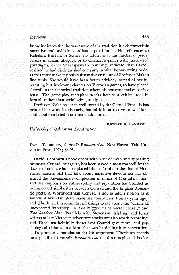 First page of Review: <italic>Conrad's Romanticism.</italic>, by David Thorburn