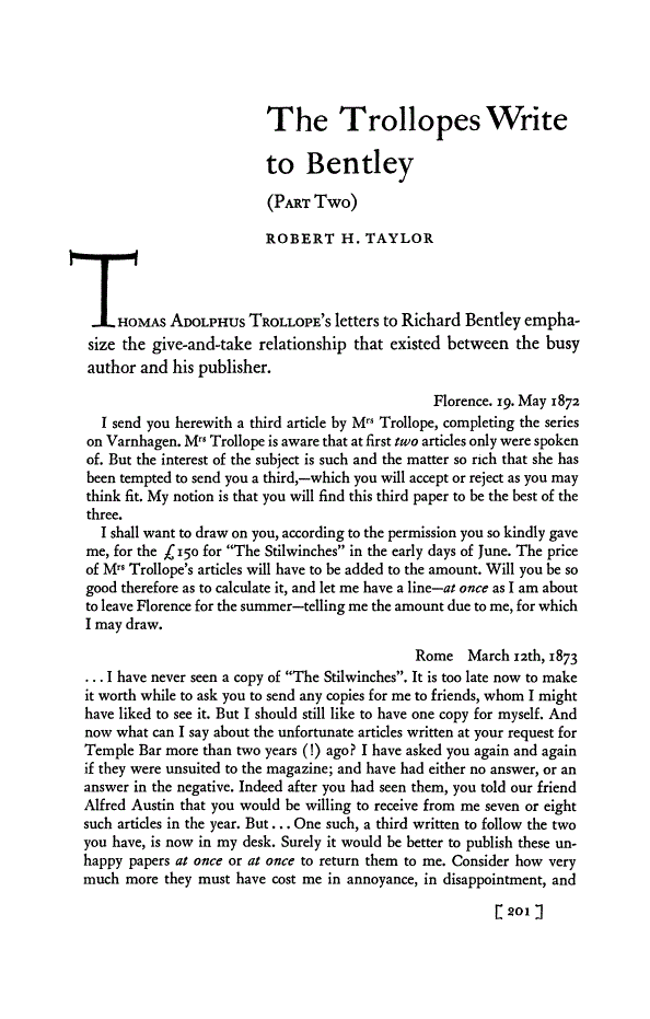 First page of The Trollopes Write to Bentley. Part Two