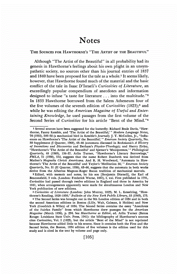 First page of The Sources for Hawthorne's "The Artist of the Beautiful"