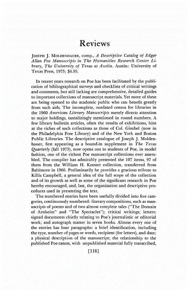 First page of Review: <italic>A Descriptive Catalog of Edgar Allan Poe Manuscripts in The Humanities Research Center Library, The University of Texas at Austin.</italic>, by Joseph J. Moldenhauer