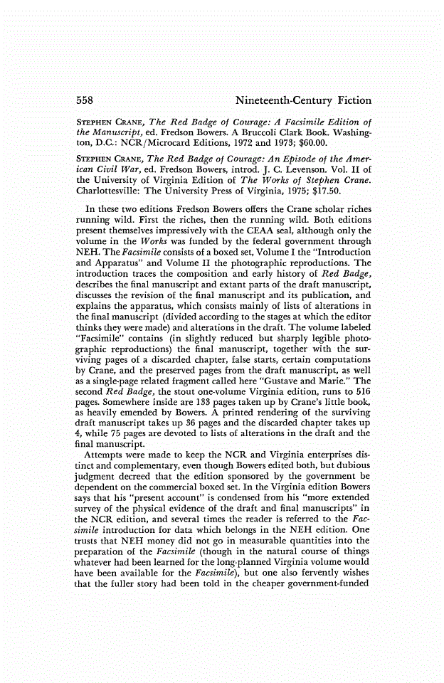 First page of Review: <italic>The Red Badge of Courage: A Facsimile Edition of the Manuscript.</italic>, by Stephen Crane and Fredson Bowers and <italic>The Red Badge of Courage: An Episode of the American Civil War.</italic>, by Stephen Crane and Fredson Bowers