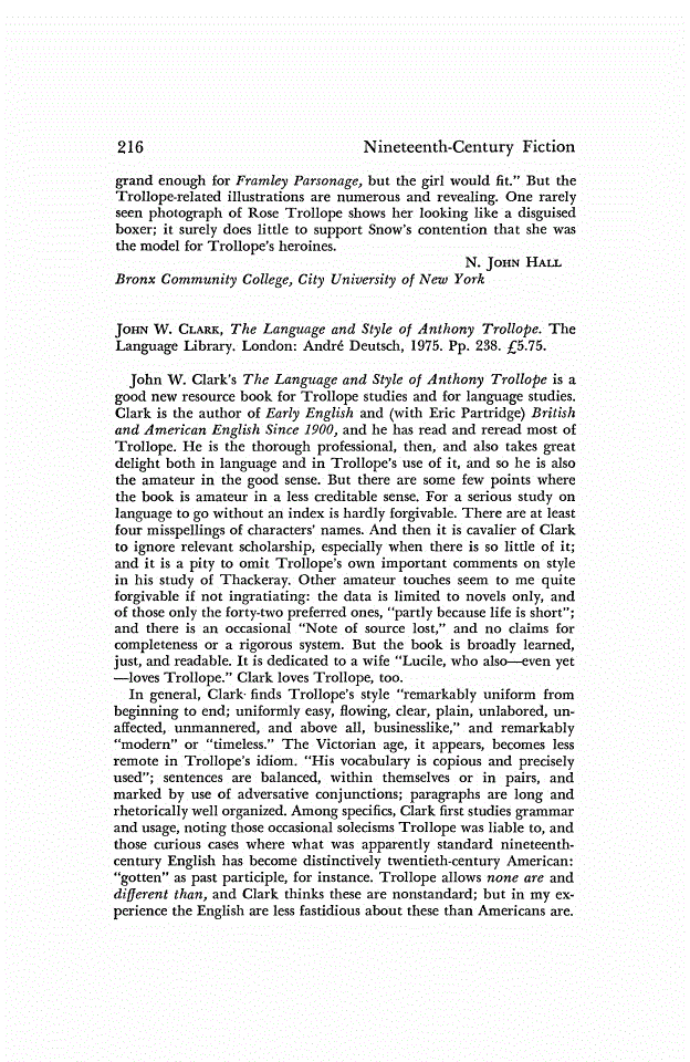 First page of Review: <italic>The Language and Style of Anthony Trollope.</italic>, by John W. Clark