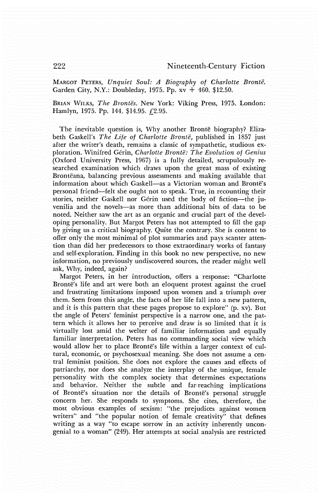 First page of Review: <italic>Unquiet Soul: A Biography of Charlotte Brontë.</italic>, by Margot Peters and <italic>The Brontës.</italic>, by Brian Wilks