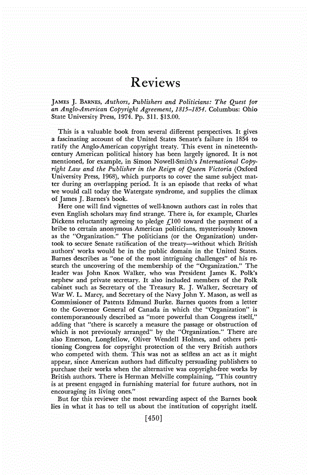 First page of Review: <italic>Authors, Publishers and Politicians: The Quest for an Anglo-American Copyright Agreement, 1815-1854.</italic>, by James J. Barnes