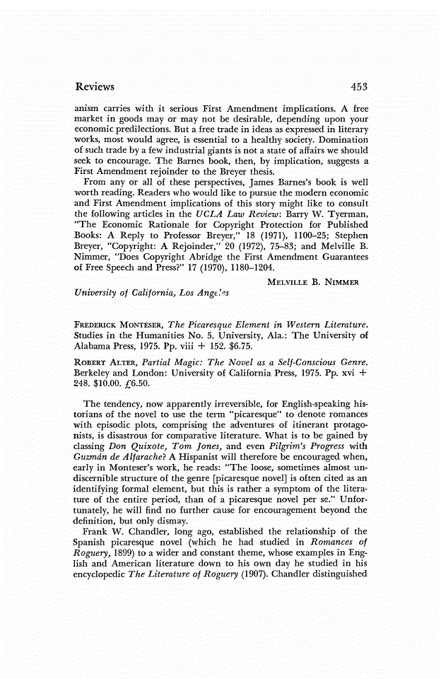 First page of Review: <italic>The Picaresque Element in Western Literature.</italic>, by Frederick Monteser and <italic>Partial Magic: The Novel as a Self-Conscious Genre.</italic>, by Robert Alter
