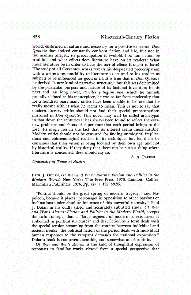 First page of Review: <italic>Of War and War's Alarms: Fiction and Politics in the Modern World.</italic>, by Paul J. Dolan