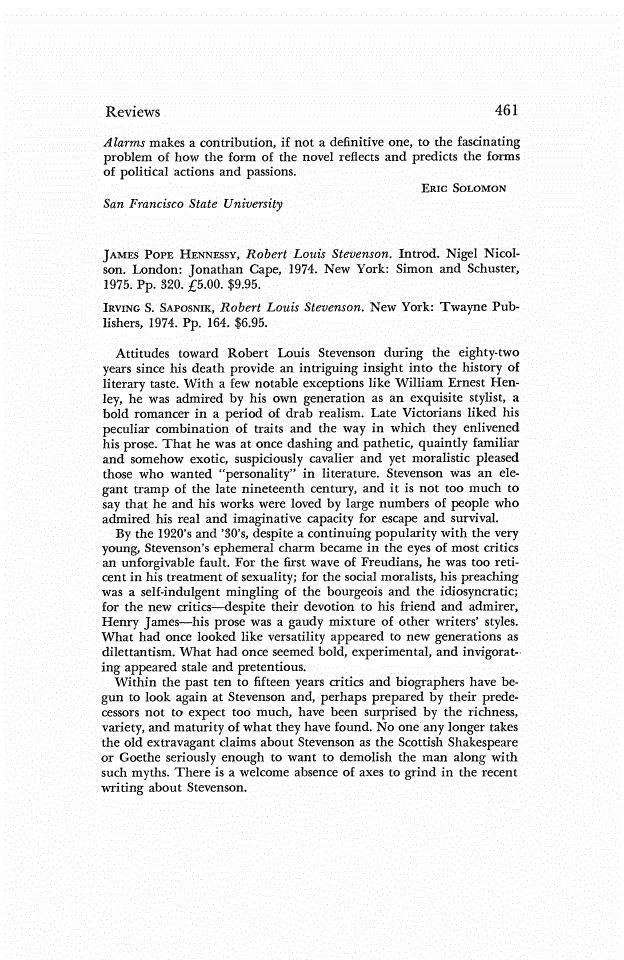 First page of Review: <italic>Robert Louis Stevenson.</italic>, by James Pope Hennessy and <italic>Robert Louis Stevenson.</italic>, by Irving S. Saposnik