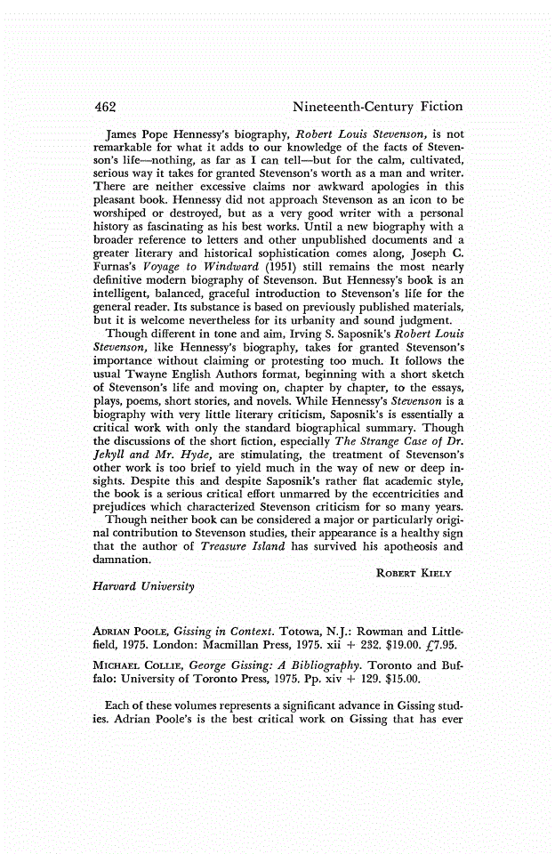 First page of Review: <italic>Gissing in Context.</italic>, by Adrian Poole and <italic>George Gissing: A Bibliography.</italic>, by Michael Collie