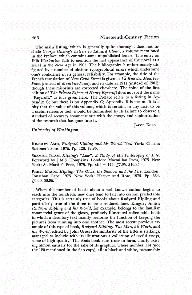 First page of Review: <italic>Rudyard Kipling and His World.</italic>, by Kingsley Amis; <italic>Kipling's "Law": A Study of His Philosophy of Life.</italic>, by Shamsul Islam; and <italic>Kipling: The Glass, the Shadow and the Fire.</italic>, by Philip Mason