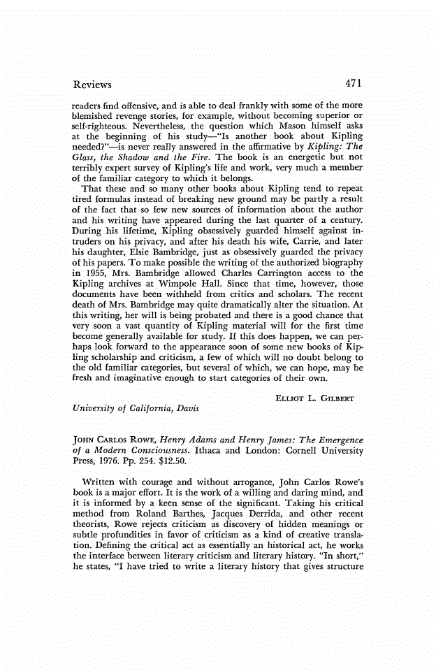 First page of Review: <italic>Henry Adams and Henry James: The Emergence of a Modern Consciousness.</italic>, by John Carlos Rowe