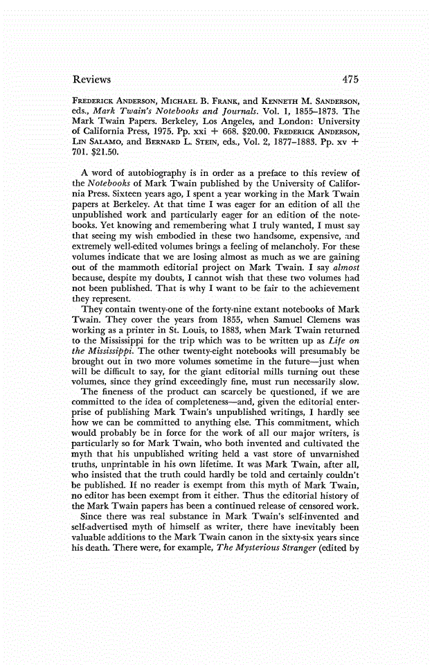 First page of Review: <italic>Mark Twain's Notebooks and Journals. Vol. 1, 1855-1873.</italic>, by Mark Twain, Frederick Anderson, Michael B. Frank, and Kenneth M. Sanderson and <italic>Mark Twain's Notebooks and Journals. Vol. 2, 1877-1883.</italic>, by Mark Twain, Frederick Anderson, Lin Salamo, and Bernard L. Stein