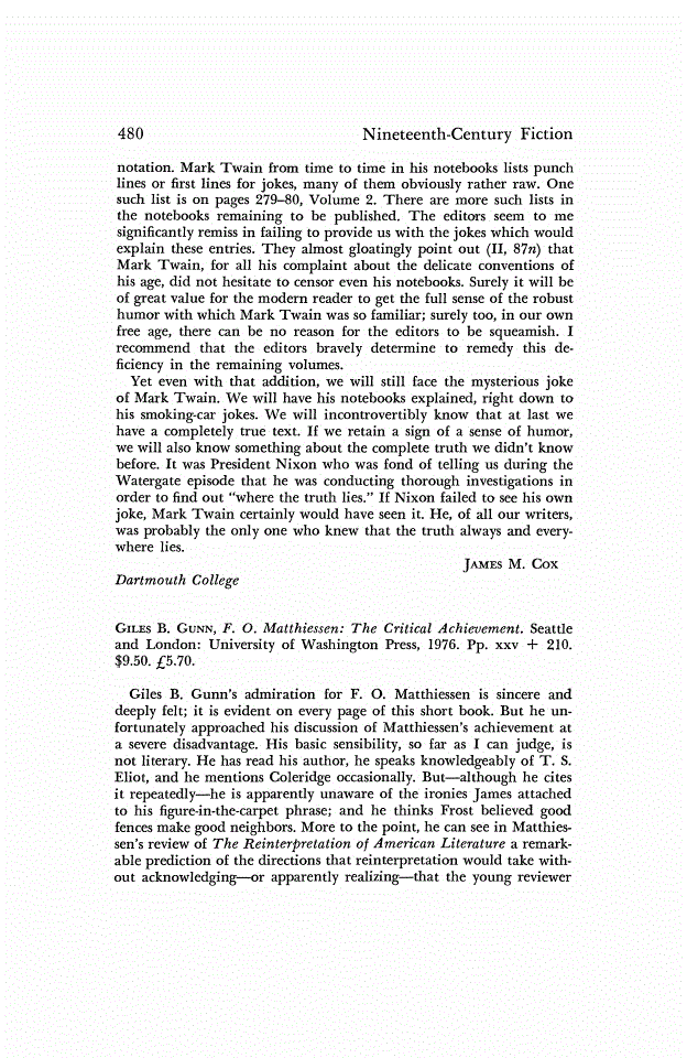 First page of Review: <italic>F. O. Matthiessen: The Critical Achievement.</italic>, by Giles B. Gunn