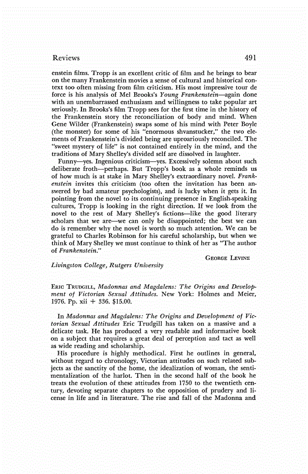 First page of Review: <italic>Madonnas and Magdalens: The Origins and Development of Victorian Sexual Attitudes.</italic>, by Eric Trudgill