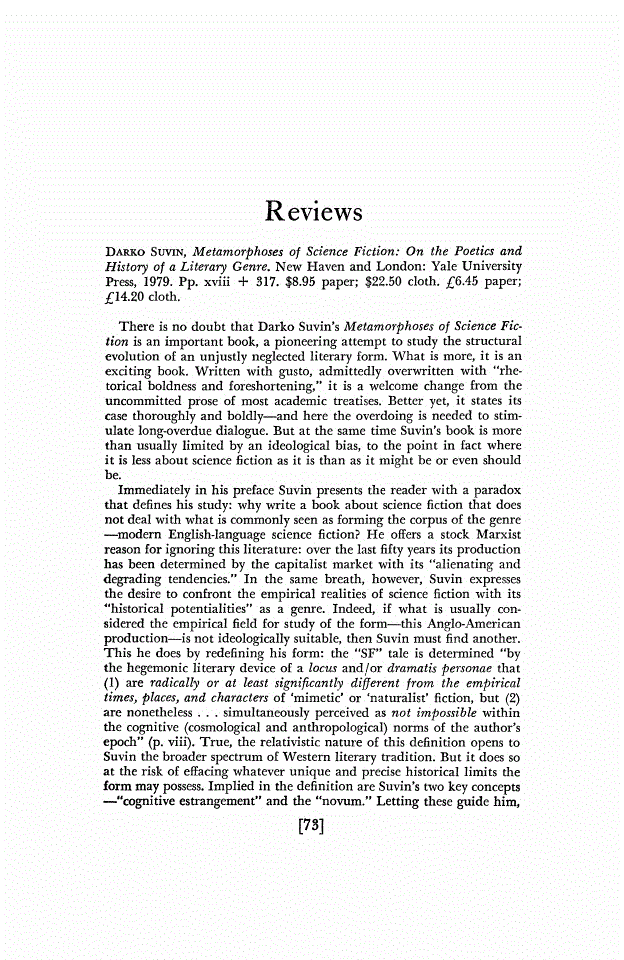 First page of Review: <italic>Metamorphoses of Science Fiction: On the Poetics and History of a Literary Genre.</italic>, by Darko Suvin