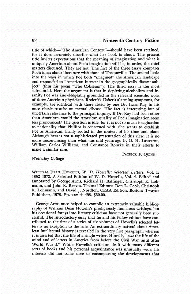 First page of Review: <italic>W. D. Howells: Selected Letters, Vol I: 1852-1872.</italic>, by William Dean Howells, George Arms, Richard H. Ballinger, Christoph K. Lohmann, and John K. Reeves