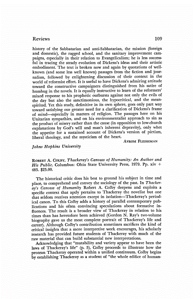 First page of Review: <italic>Thackeray's Canvass of Humanity: An Author and His Public.</italic>, by Robert A. Colby