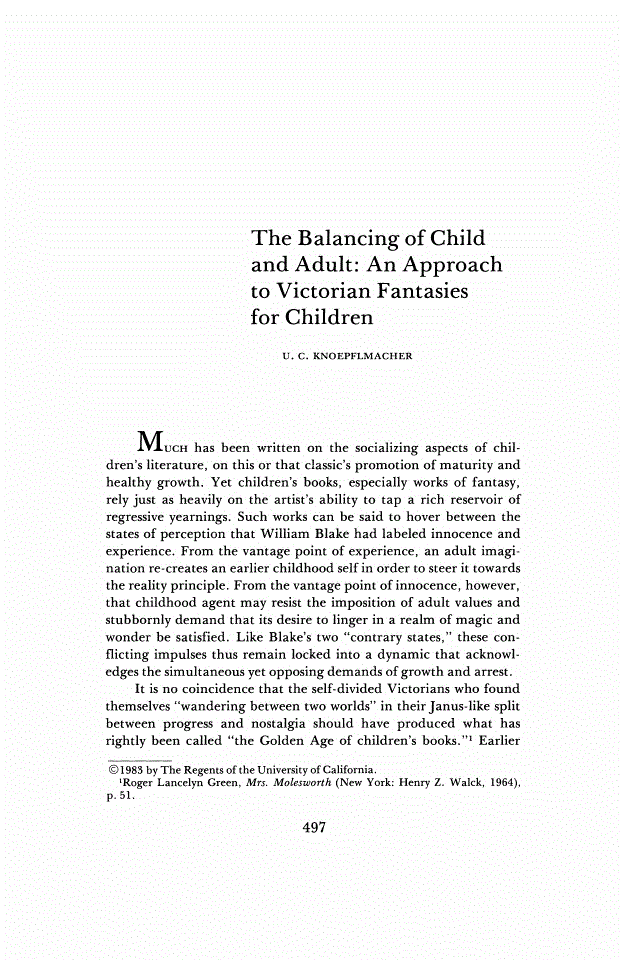 First page of The Balancing of Child and Adult: An Approach to Victorian Fantasies for Children