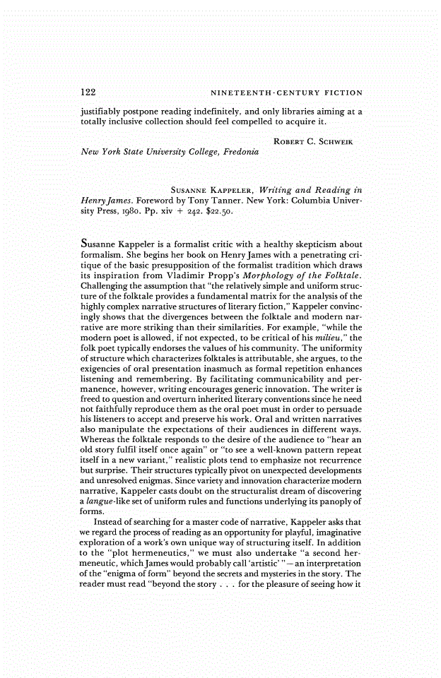 First page of Review: <italic>Writing and Reading in Henry James.</italic>, by Susanne Kappeler