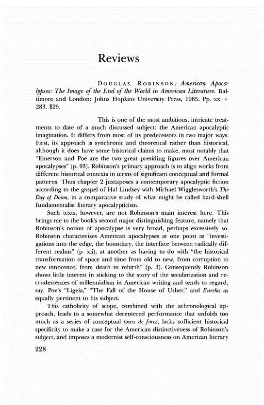 First page of Review: <italic>American Apocalypses: The Image of the End of the World in American Literature.</italic>, by Douglas Robinson