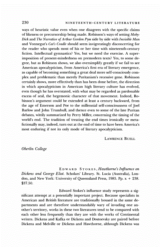 First page of Review: <italic>Hawthorne's Influence on Dickens and George Eliot.</italic>, by Edward Stokes