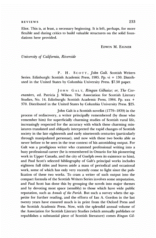 First page of Review: <italic>John Galt.</italic>, by P. H. Scott and <italic>Ringan Gilhaize; or, The Covenanters.</italic>, by John Galt and Patricia J. Wilson