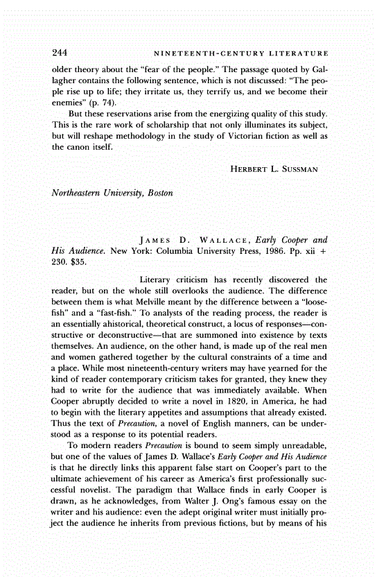 First page of Review: <italic>Early Cooper and His Audience.</italic>, by James D. Wallace