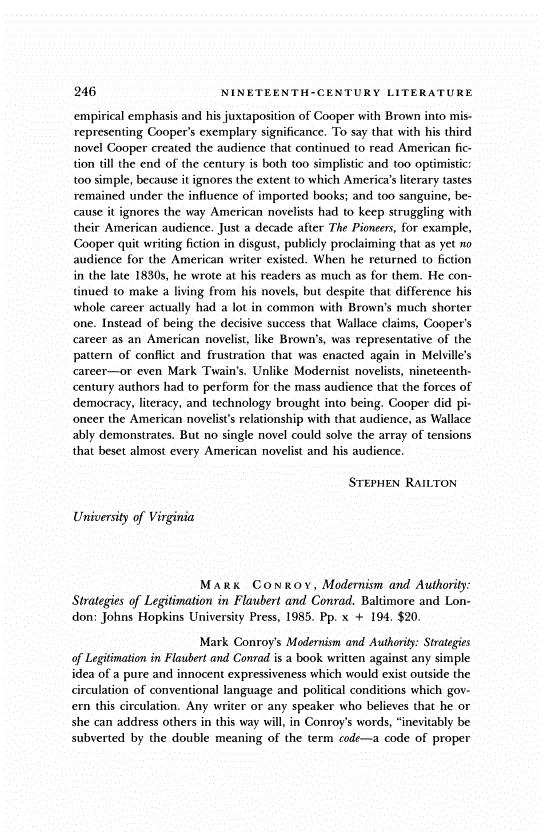 First page of Review: <italic>Modernism and Authority: Strategies of Legitimation in Flaubert and Conrad.</italic>, by Mark Conroy