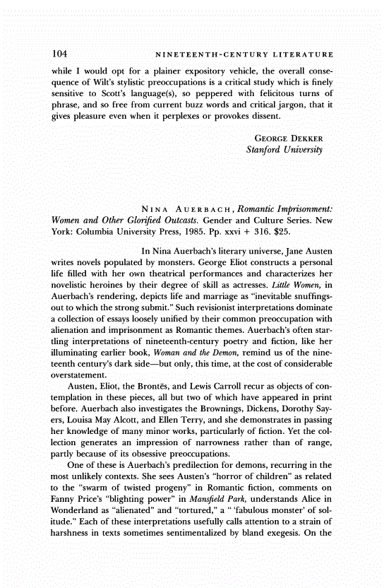First page of Review: <italic>Romantic Imprisonment: Women and Other Glorified Outcasts.</italic>, by Nina Auerbach