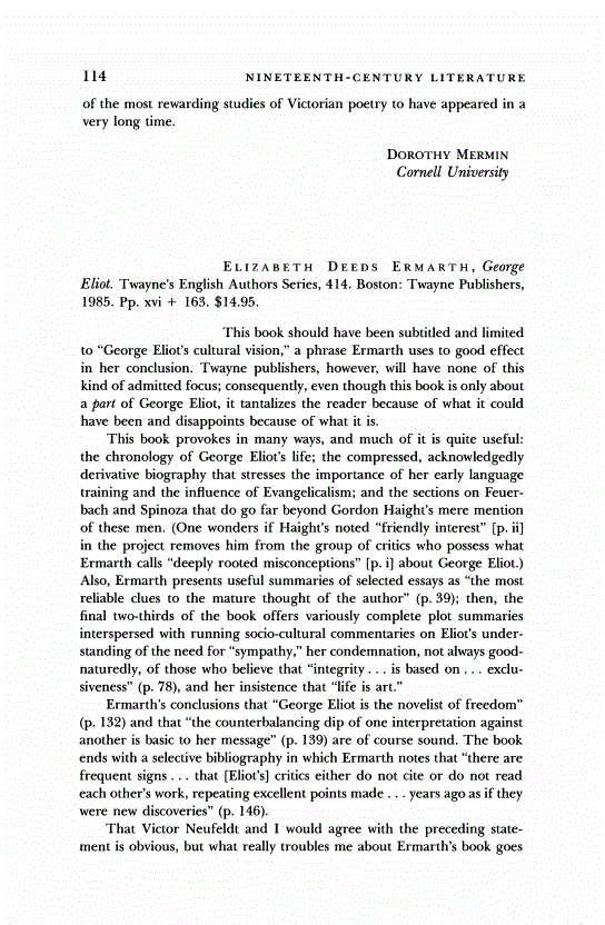First page of Review: <italic>George Eliot.</italic>, by Elizabeth Deeds Ermarth