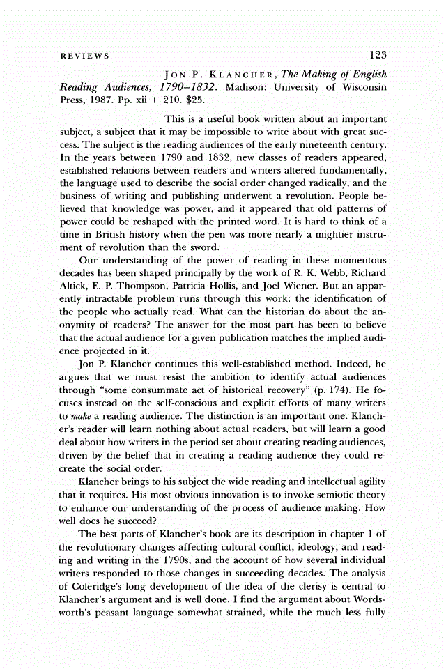 First page of Review: <italic>The Making of English Reading Audiences, 1790-1832.</italic>, by Jon P. Klancher